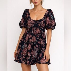 Floral Velvet Mini Dress | Puff Sleeves | Size Small Spring
